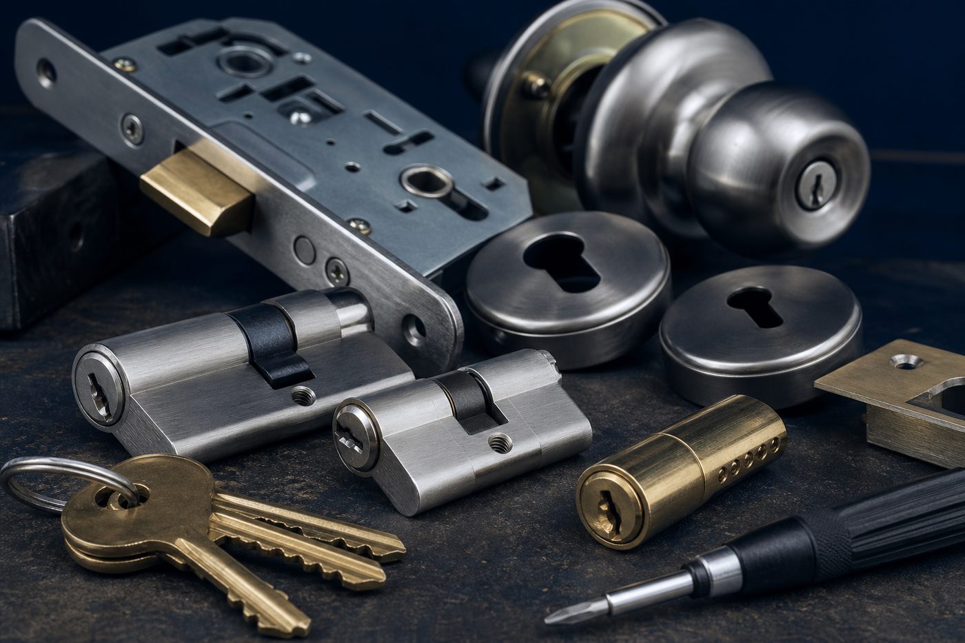 Locksmith tools, cylinders and keys arranged on a workbench