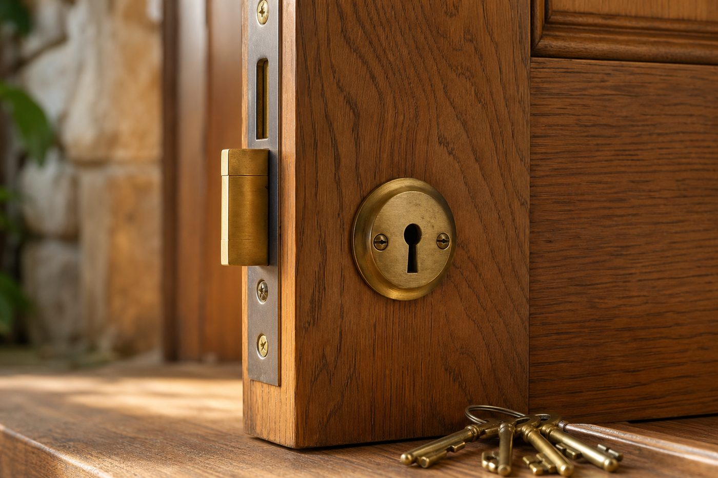 Traditional mortise lock fitted in a wooden front door