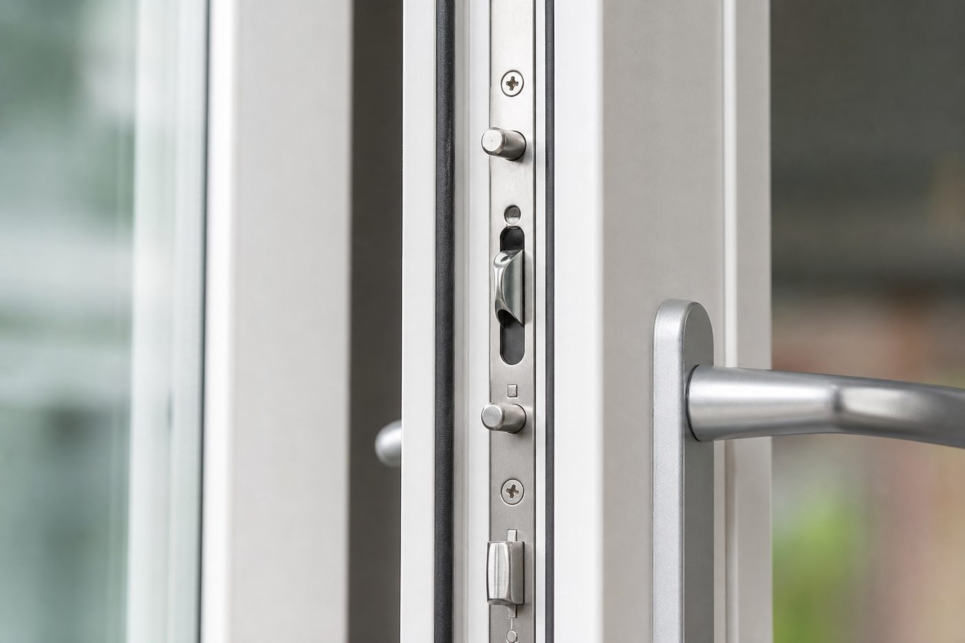 Close-up of a multipoint locking mechanism on a uPVC door